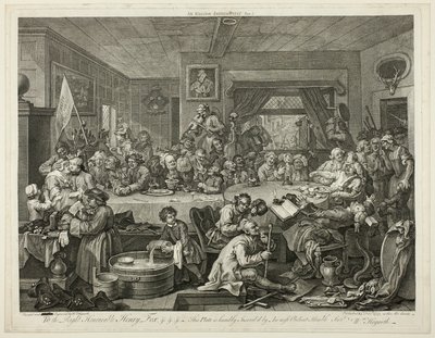 選挙のエンターテイメント、選挙の 4 つの印刷物のプレート 1 作： William Hogarth