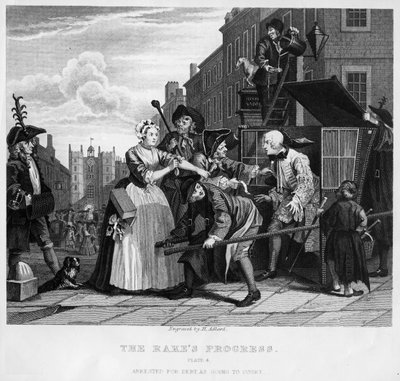 借金で逮捕、「レーキの進行状況」からのプレートV 作： William Hogarth