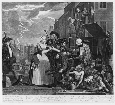 借金で逮捕、「Aレーキの進行状況」からのプレートV、1735 作： William Hogarth