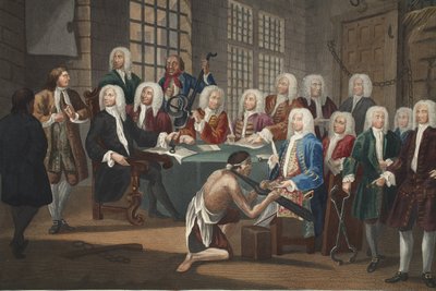 庶民院の委員会による殺人の公判中のバンブリッジ、「Hogarth Restored: The Whole Works of the Celebrity William Hogarth, re-engraved by Thomas Cook」のイラスト、パブ。 1812年（手彩色彫刻） 作： William Hogarth