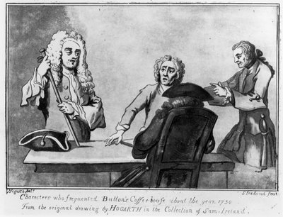 Buttons Coffee House、1730（ペンとインクで紙の上を洗う） 作： William Hogarth
