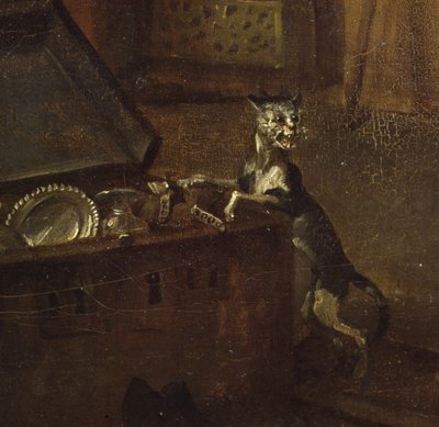 チェスト付きの猫、詳細はA Rakes Progress I：The Rake Takeing Possession of his Estate、1733油彩、キャンバス72723 作： William Hogarth