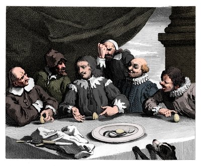 コロンブスが卵を割る、1753年、1833年。 作： William Hogarth