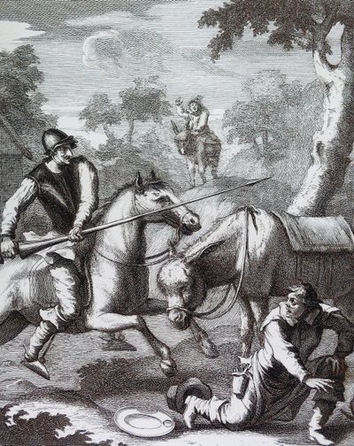 ドン・キホーテが理髪師のヘルメットを奪う」。 作： William Hogarth
