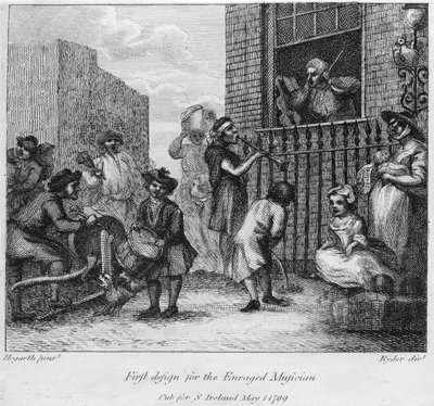 激怒したミュージシャンのための最初のデザイン、1799 作： William Hogarth