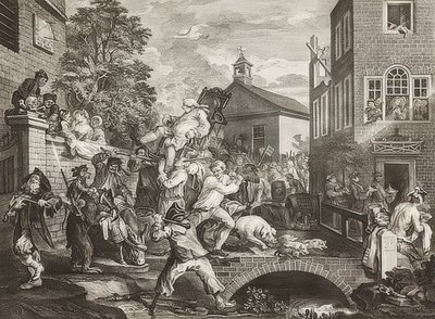 選挙の4つの版画。シート4：メンバーの議長を務める-議員の勝利の行列。 1758 作： William Hogarth