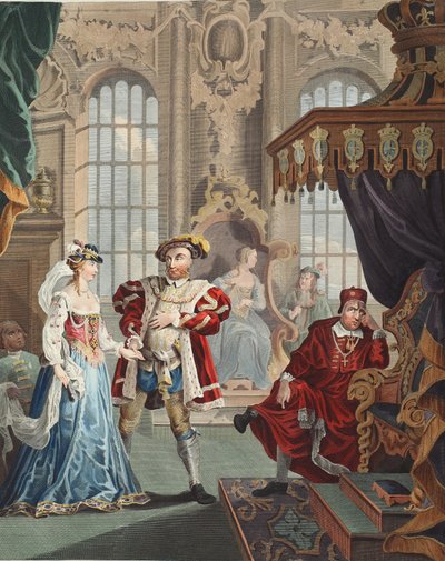 Henry VIII and Anne Boleyn、「Hogarth Restored: The Whole Works of the Celebrity William Hogarth, re-engraved by Thomas Cook」のイラスト、パブ。 1812年（手彩色彫刻） 作： William Hogarth