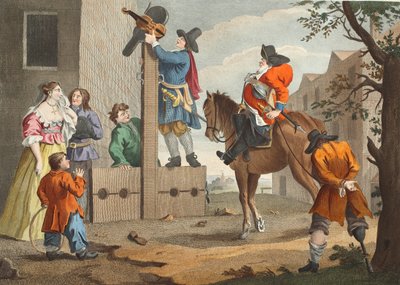 サミュエル バトラー (1612-80) の「Hudibras」より、Triumph で Crowdero を率いる Hudibras、「Hogarth Restored: The Whole Works of the Celebrity William Hogarth, re-engraved by Thomas Cook」のイラスト、パブ。 1812年（手彩色彫刻） 作： William Hogarth