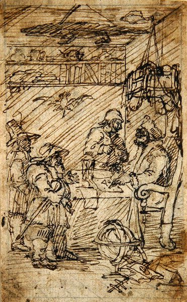 シドロフェルを訪ねるフディブラ（紙に鉛筆の上にペンと茶色のインク） 作： William Hogarth