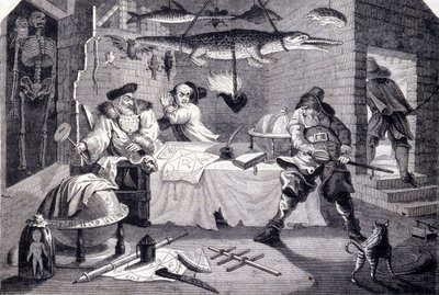 占星術師シドロフェルとその付き人ワカムを襲うフドリバス。ウィリアム・ホガース（1697-1764）がサミュエル・バトラー（17世紀）の詩「ヒュブリダス」のために描いた版画。1725年頃 作： William Hogarth