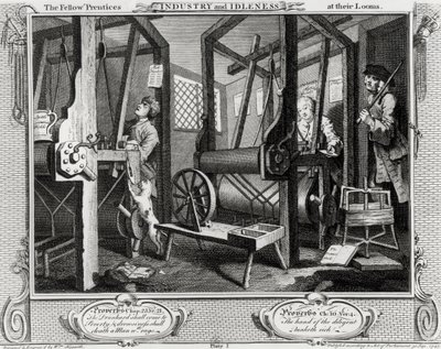 産業と怠惰」、「織機に向かうプレンティスたち」、プレート1 作： William Hogarth