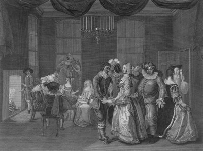 1805年の仮面舞踏会の衣装を着た人物が描かれたサマセットハウスの内部ビュー 作： William Hogarth