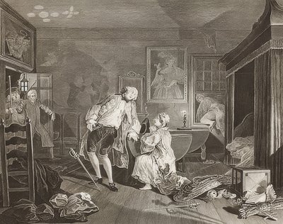 結婚アラファッション。シート5：バニオ-伯爵が決闘する。 1745 作： William Hogarth