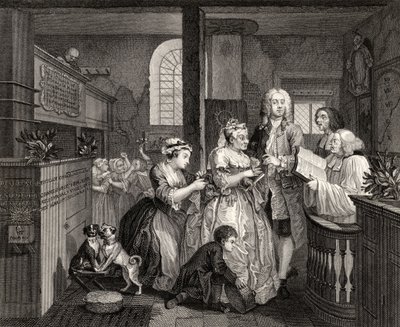 旧メイドと結婚し、「ウィリアム・ホガースの作品」の「A Rake&39;s Progress」のV版、1833年発行 作： William Hogarth