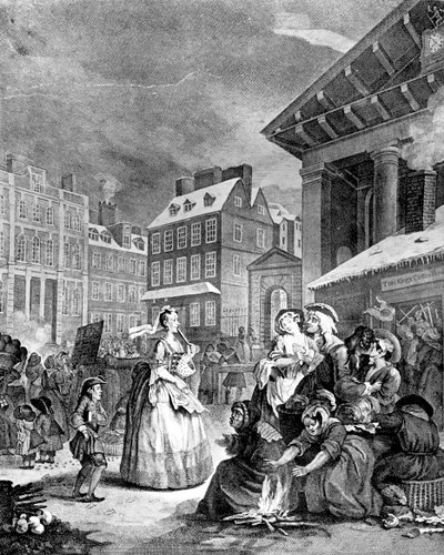 1日の朝4回、1738。 作： William Hogarth