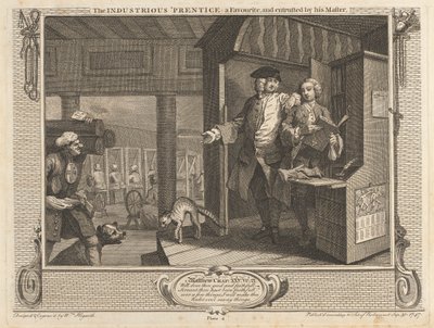 プレート 4、勤勉な「お気に入りの見習いで、彼のマスターから託された」 作： William Hogarth