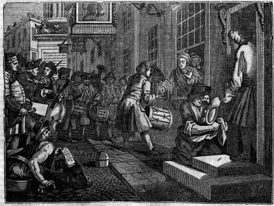 イギリスのイラストレーター、ウィリアム・ホガース（1697-1764）による12枚の版画シリーズのうちの1枚。"Industry and Idleness"、"Zele and laziness "と題され、2人の見習いのキャリアを描いている。グッドチャイルドが織姫の娘と結婚する場面 作： William Hogarth