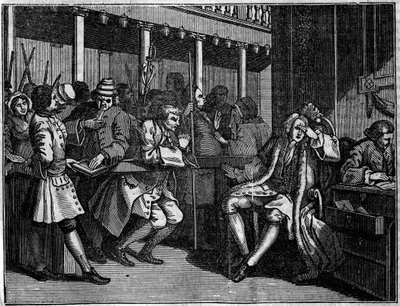 イギリスのイラストレーター、ウィリアム・ホガース（1697-1764）による12枚の版画シリーズのうちの1枚で、「産業と怠惰」「ゼーレと怠惰」というタイトルで、2人の弟子の経歴を描いています。トーマス・アイドルは悪徳商法の罪人であり、グッドチャイルドに裁かれて幼少期を過ごします。 作： William Hogarth