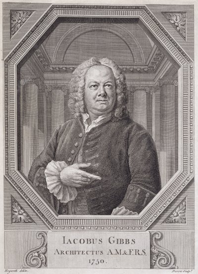 バーナード男爵（1696-c.1766）1750によって彫刻された「ラドクリフ図書館の平面図、断面図、標高」からのジェームズギブス（1682-1754）の肖像 作： William Hogarth