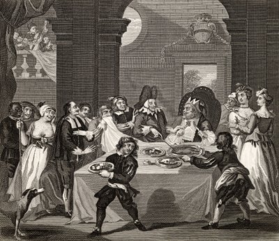 「ホガースの作品」から医師が飢えたごちそうのサンチョ、1833年発行 作： William Hogarth