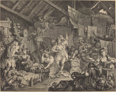 納屋でドレスアップする女優を散歩 作： William Hogarth