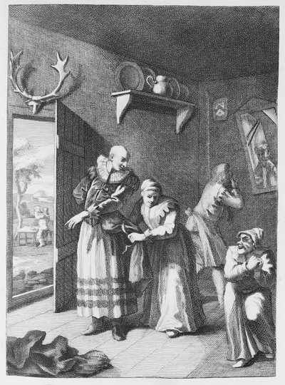 ドンルイコートを家に伝えるために嫌悪感を抱くCurate＆Barber 作： William Hogarth