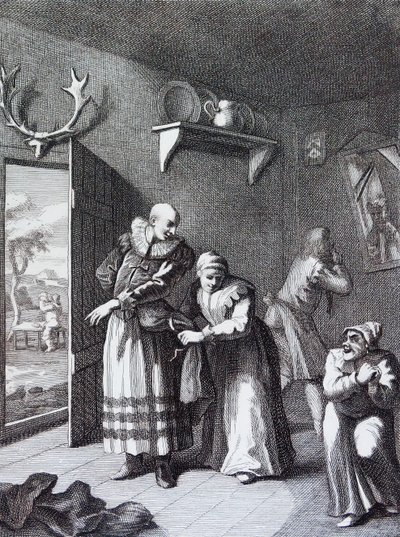 ドン・キホーテを家まで送るために変装する館長と理髪師。 作： William Hogarth