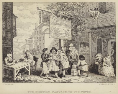 The Election-Canvassing for votes：議会選挙、1755年の風刺、一連の4つのタイトルの選挙のユーモア 作： William Hogarth