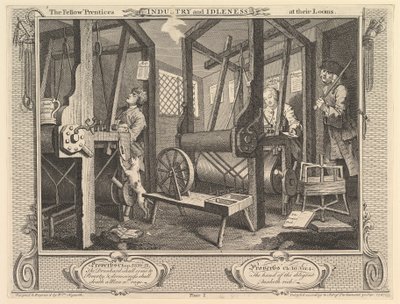 機織りの仲間の弟子：産業と怠惰、プレート1、1747年9月30日。 作： William Hogarth