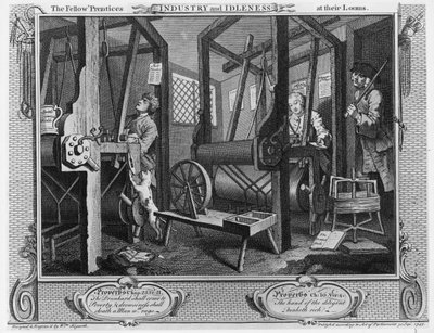 フェロー「彼らの織機での見習い、「産業とアイドル」のプレートI、1747 作： William Hogarth