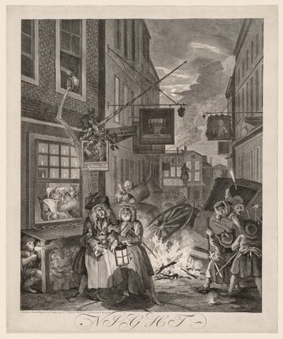 1日の4回：夜、1738年。 作： William Hogarth