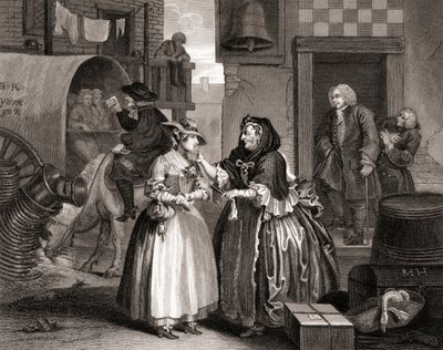 労働者によって捕らえられたハーロッツプログレス、ワークスオブホガースから1833年にロンドンで出版（bw彫刻） 作： William Hogarth