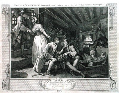 1833年に出版された「産業と怠惰」の第9版「売春婦に裏切られた怠け者のプレンティス」（エングレーヴィング） 作： William Hogarth