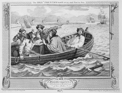 アイドル「プレンティスは振り向いて海に送られた」、「産業とアイドル」のプレートV、1747 作： William Hogarth