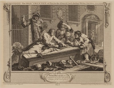 神の奉仕の間、教会の庭で遊んでいるアイドルのプレンティス 作： William Hogarth