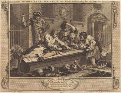 神聖な奉仕の間、教会の庭で遊んでいる怠け者の見習い 作： William Hogarth