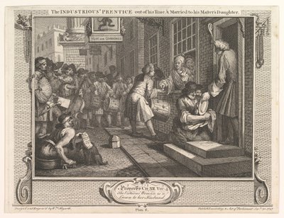 勤勉な弟子と彼の時代の外で彼のマスターズドータードと結婚...、1747年9月30日。 作： William Hogarth