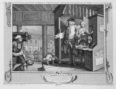 勤勉な「師匠に好かれて託されたプレンティス」、「産業と怠惰」の第4版 作： William Hogarth