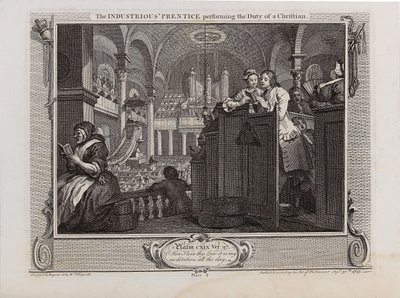 キリスト教徒の本分を尽くす勤勉な見習い。 シリーズ産業と怠惰、1747年。 作： William Hogarth