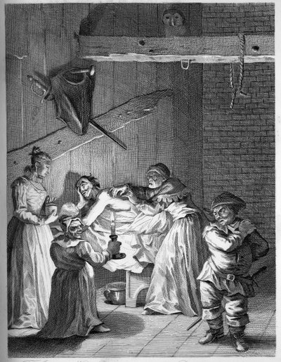 殴られて傷つけられた後のドンの世話をするインキーパーの妻と娘 作： William Hogarth