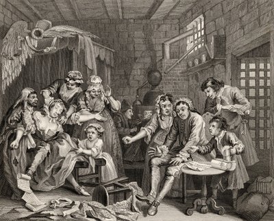 刑務所シーン、「ウィリアム・ホガースの作品」からの「レーキの進歩」からのプレートVII、1833年公開 作： William Hogarth