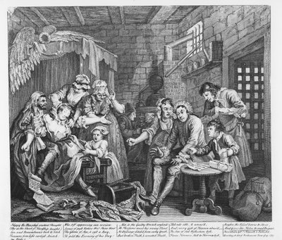 「A Rake&39;s Progress」（1735年）の刑務所の熊手、プレートVII 作： William Hogarth