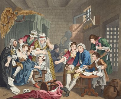 刑務所にある熊手、プレートVII、「A Rake&39;s Progress」、イラスト「Hogarth Restored：The Whole Works of the有名なWilliam Hogarth、re-engraved by Thomas Cook」、パブ。 1812（手塗りのe 作： William Hogarth