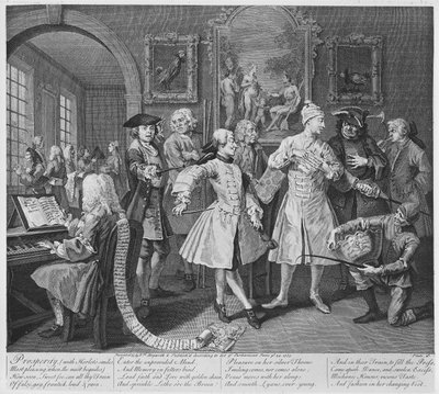 レーキの堤防、プレートII、「レーキの進行状況」、1735年（彫刻） 作： William Hogarth