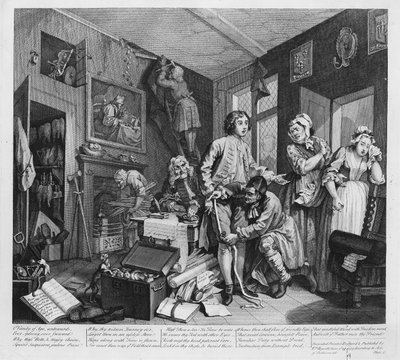 若い相続人は、マイザーの効果を所持している、「A Rake&39;s Progress」からのプレートI、1735 作： William Hogarth