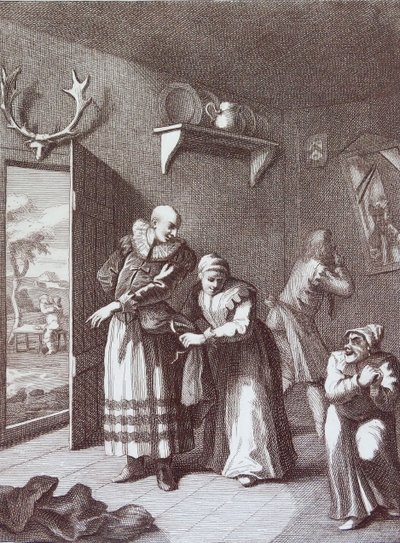 牧師と理髪師が変装してドン・キホーテを連れて行く。 作： William Hogarth
