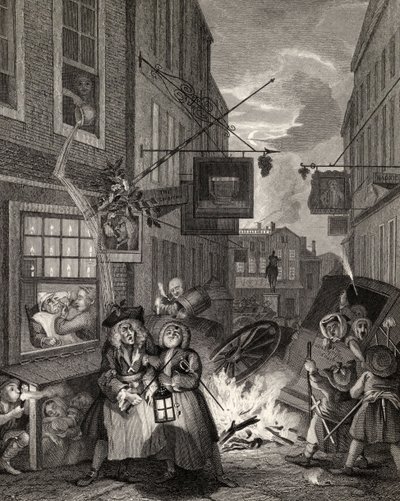 その日の時間：「ウィリアムホガースの作品」からの夜、1833年公開 作： William Hogarth
