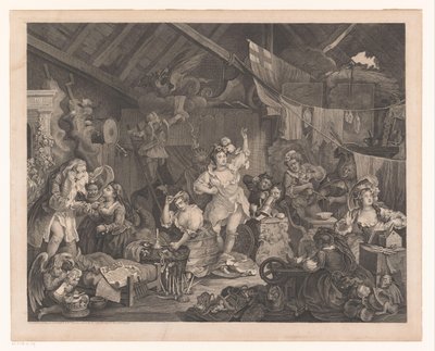 小屋でドレスアップした女優と子供たち 納屋で着替えをする女優たちの散歩 作： William Hogarth