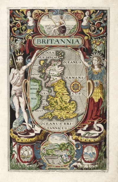 ウィリアム・カムデンによるブリタニアのフロンティピース、パブ。 1607 作： William Hole