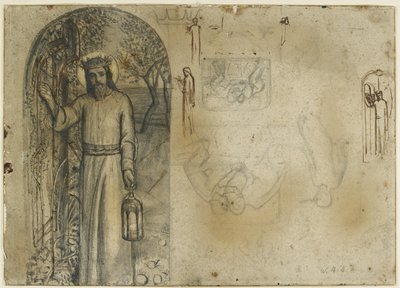 「世界の光」の研究（ペンと茶色のインクがオフホワイトの紙に付いたブラファイト） 作： William Holman Hunt
